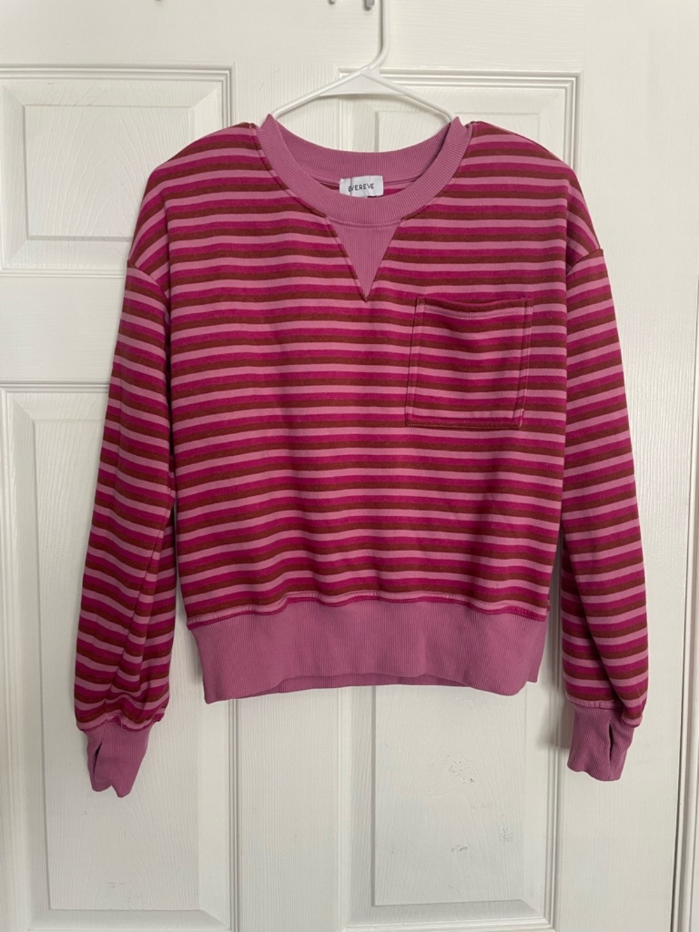 Evereve Women’s Size Small Pink & Magenta Striped Crewneck Long Sleeve Crop Top